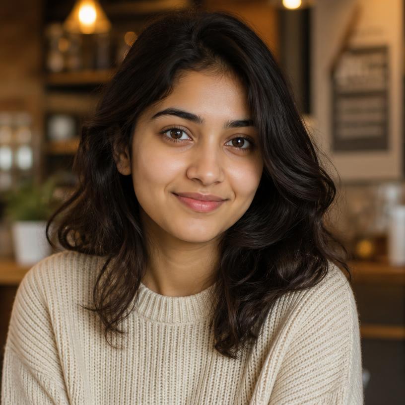 Portrait of Meera in a cafe